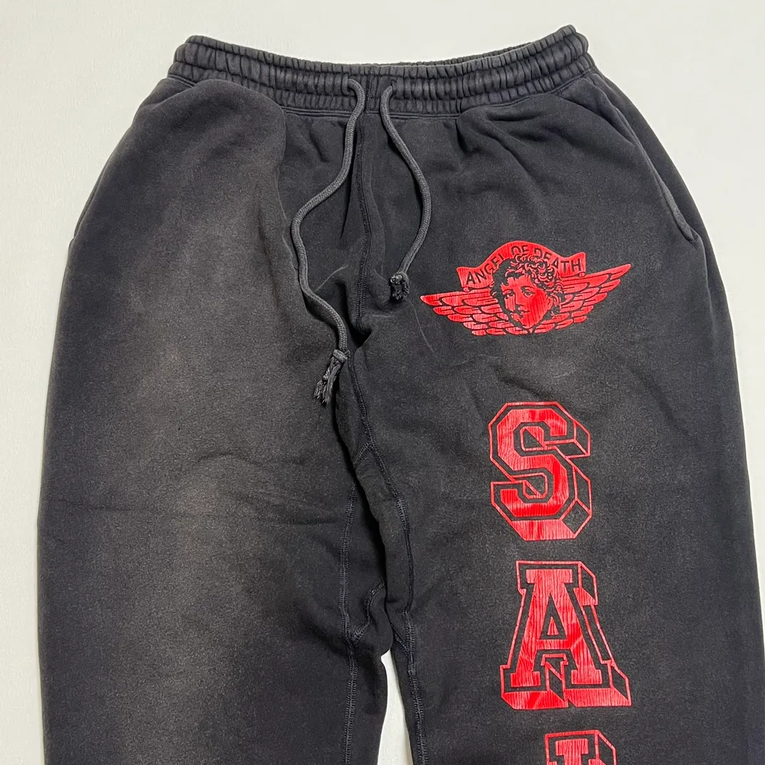 SAINT Mxxxxxx ANGEL SWEAT PANTS/BLK Angel Reborn Crack Print Distressed Sweatpants, Washed Black S-XL Assute Dyeing, Full Spray Fade, Heavy Fermentation Washing, Made with NEW VINTAGE Texture, Four Needles and Six Threads from the Factory, Boneless Patchwork, More Comfortable to Wear, Genuine Level Crack Print/Accessories Restored